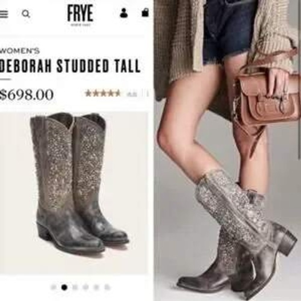 Frye Womens Deborah Studded Tall Anthracite Cowboy Boots Zipper Western 7M